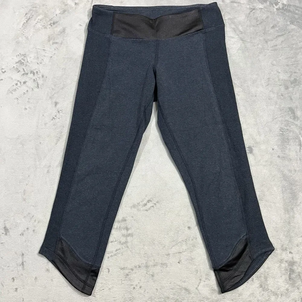 Lululemon Wunder Under‎ Sashiko Crop Leggings Size 6 Navy Blue Black Satin Trim